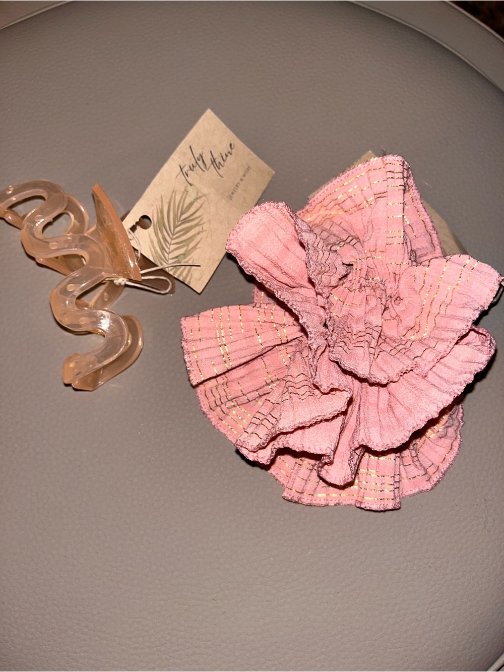 Pink Ruffled Fabric Scrunchie with Gold Threading
